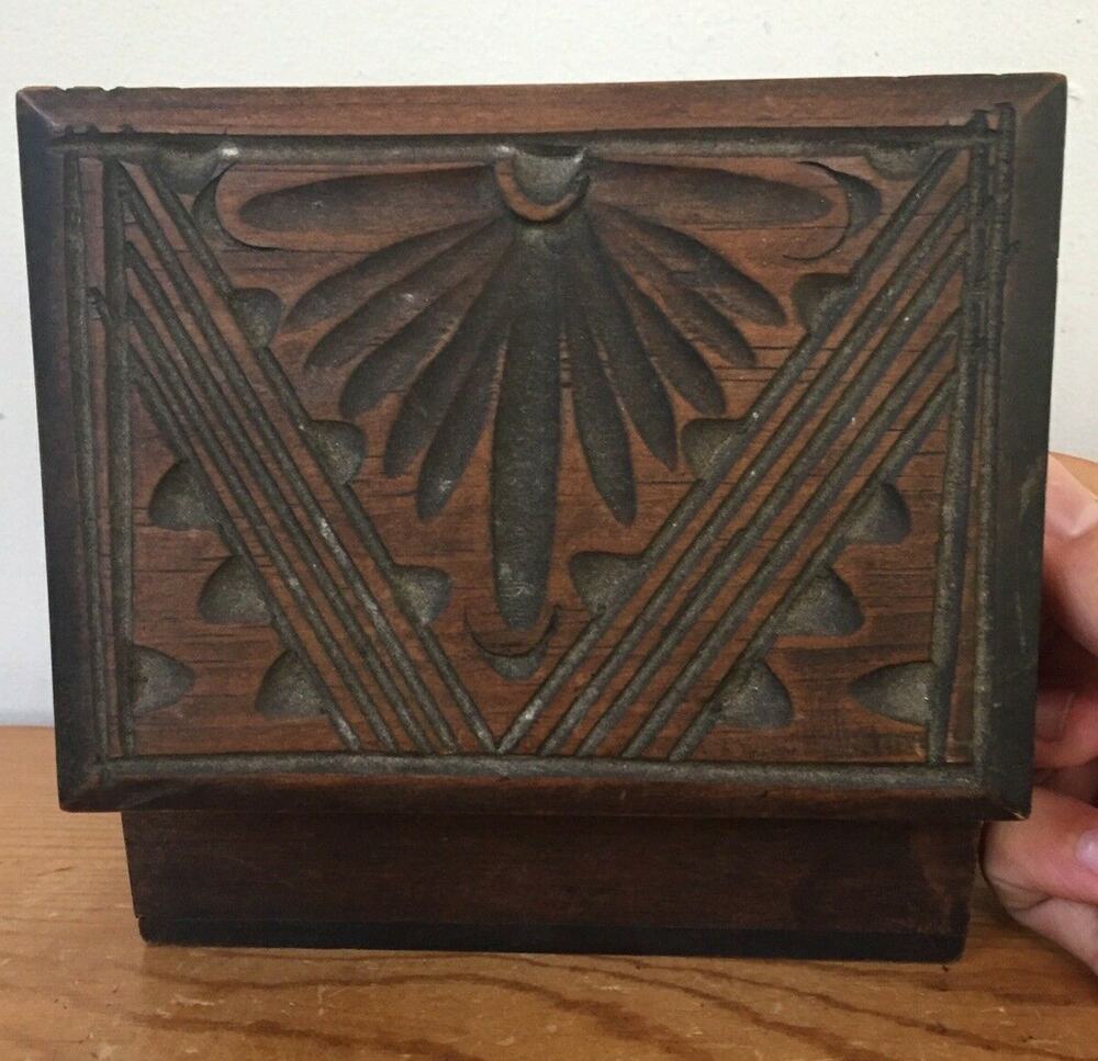 Vintage Handcarved Wooden Wood Floral Scandinavian Style Trinket Jewelry Box